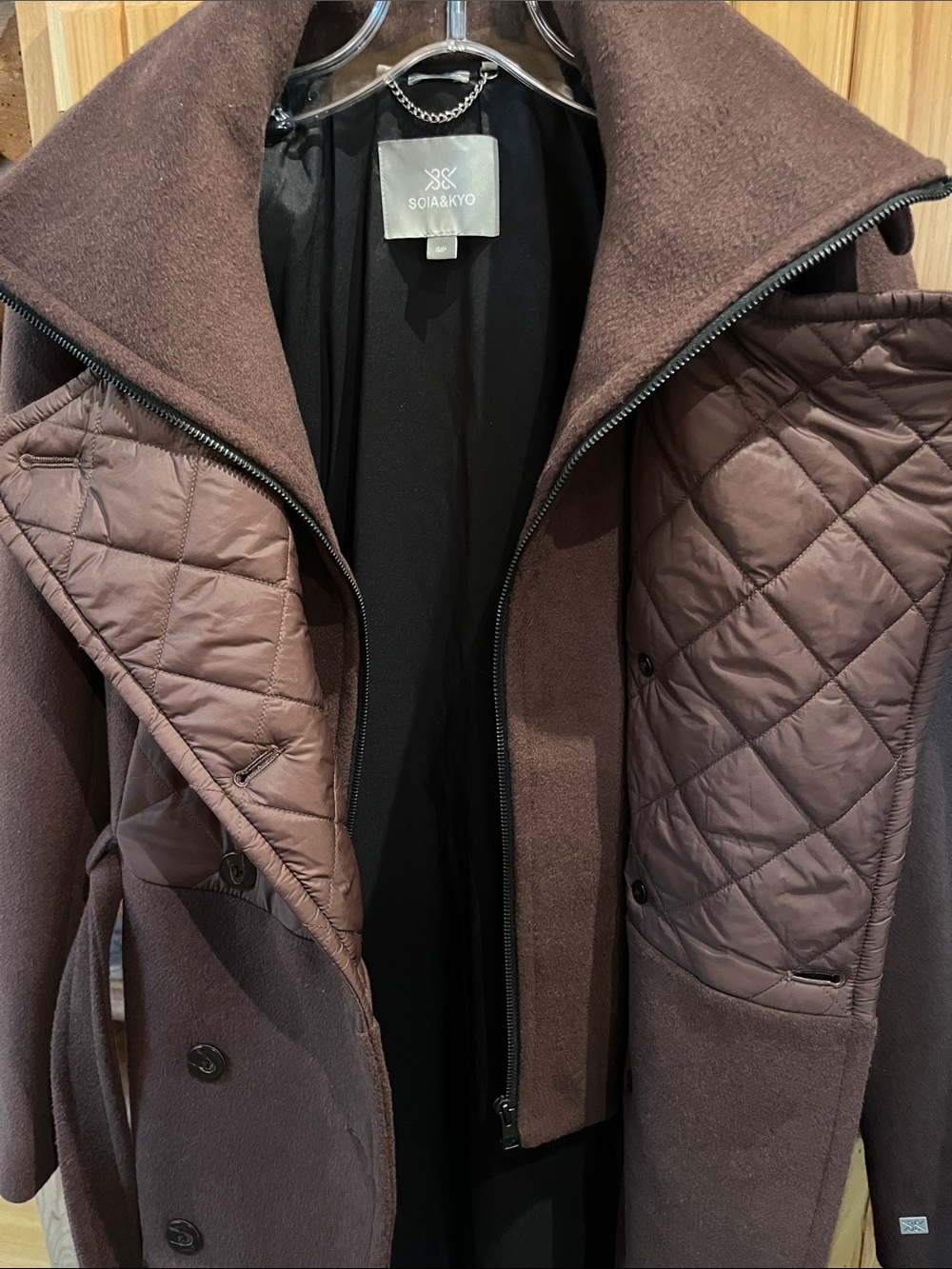 Soia & Kyo Dark Brown Quilted-Front Wool-Blend Belted Trench Coat - Picture 5 of 7